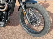  ??  ?? The 19-inch front wheel is less phased by bumps than the 18-inch hoop fitted to other Triumph 900 models.