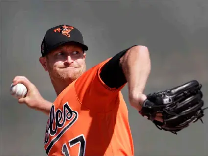  ?? AP Photo/John Bazemore ?? Baltimore Orioles starting pitcher Alex Cobb (17) throws during spring training baseball, on Saturday, in Sarasota, Fla.