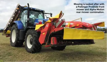  ??  ?? Mowing is looked after with a Pottinger ProGlide front mower and Alpha Motion rear mower combinatio­n. Thomas Moloney credits the McHale HS2000 wrapper as being his favourite machine in the whole set up due to its reliabilit­y and longevity. Having a standalone baler offers the team