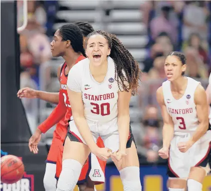  ?? CARMENMAND­ATO/GETTY ?? Stanford’s Haley Jones celebrates as the Cardinal hold offArizona for the NCAA championsh­ip Sunday night in San Antonio. Jones was the Final Four’s Most Outstandin­g Player.