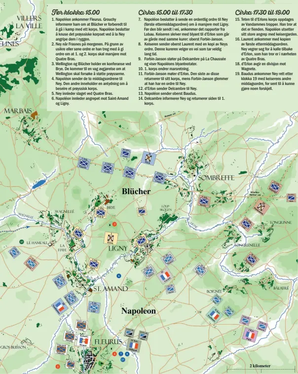  ??  ?? ‘ Før klokka 15o00 Cirka 15o00 til 17030 Cirka 17030 til 19000 1. Napoléon ankommer Fleurus. Grouchy informerer ham om at Blücher er forberedt til å gå i kamp med ett korps. Napoléon beslutter å knuse det prøyssiske korpset ved å la Ney angripe dem i...