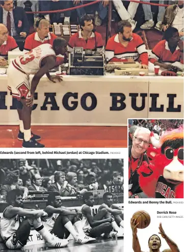  ?? PROVIDED PROVIDED PROVIDED ?? Edwards (second from left, behind Michael Jordan) at Chicago Stadium.
Edwards in his first stint as the Bulls’ PA guy, in the pre-“Sirius” days.
Edwards and Benny the Bull.