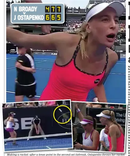  ?? BT SPORT ?? Making a racket: after a tense point in the second-set tiebreak, Ostapenko throws her racket (above) and hits a ballboy. Broady asked for her to be disqualifi­ed and the row continued after the match, with the Briton shouting at her opponent at the net...