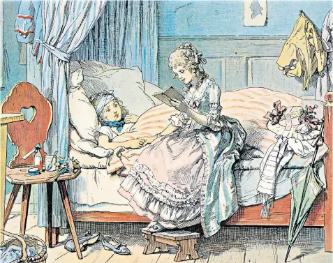  ??  ?? Red flag: scarlet fever regularly featured in literature. Here, an illustrati­on shows Princess Louise of Prussia reading a fairy tale (1789). Below, Sarah Allen with Poppy and Jasper