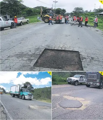  ?? FOTOS: JUAN FLORES ?? (1) Insep comenzó la semana pasada un plan de bacheo en 96 kilómetros. (2) Debido a los agujeros, el obispo Canales sufrió un accidente hace un mes. (3) Los conductore­s deben sortear los baches.