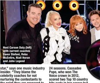  ?? ?? Host Carson Daly (left) with current coaches Gwen Stefani, Reba McEntire, Niall Horan and John Legend