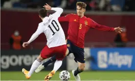  ??  ?? Diego Llorente in World Cup qualifying action for Spain against Georgia. Photograph: Irakli Gedenidze/Reuters
