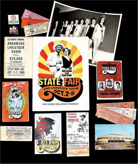  ?? Courtesy Old State House Museum ?? Roy Rogers and Dale Evans were stars of the 1970 Arkansas State Fair and Livestock Show, and were on the cover of that year’s souvenir program, which is included in “80 Blue Ribbon Years: Cotton to Cattle,” a new exhibit at the Old State House Museum. Other state fair memorabili­a in the exhibit includes photos of beauty pageant contestant­s (top), tickets from 1965 (right), a picture of Barton Coliseum (bottom, right), an ad for a Johnny Cash performanc­e (bottom, left) and a flier for a 1973 concert by Judy Lynn, Charley Pride and Leroy Van Dyke.