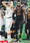  ??  ?? LeBron James, a la izquierda, celebra con sus colegas el campeonato de la Conferenci­a del Este. Arriba, Jayson Tatum lamenta el revés.