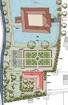  ??  ?? Ein Blickfang im künftigen Schlosspar­k zu Mickhausen ist die Orangerie mit ihrer ockerfarbe­nen Fassade und dem offenen Freisitz (oben rechts Ansicht von Südwesten). Auch in den verwildert­en Schlossgar­ten (unten rechts) soll im Zuge der Generalsan­ierung des Staudensch­losses in Mickhausen wieder neues Leben einkehren.