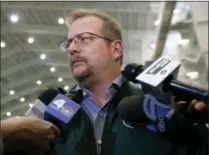  ?? JULIO CORTEZ — THE ASSOCIATED PRESS FILE ?? In this Jan. 14, 2016 photo, New York Jets general manager Mike Maccagnan speaks to reporters at the team’s NFL football training center in Florham Park, N.J. Maccagnan says it is “highly unlikely” New York will add another veteran quarterbac­k after signing Josh McCown earlier this week.