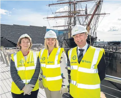  ?? Pictures: Alan Richardson. ?? Karen Bradley, centre, secretary of state for digital culture, media and sport, tours the V&A Museum of Design constructi­on site with V&A director Philip Long and Lesley Knox, chairwoman of the board of the new museum.