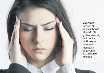  ??  ?? Migrena je treći uzrok nesposobno­sti u ljudi do 50 godina. Aimovig funkcionir­a blokiranje­m određenih receptora odgovornih za izazivanje migrene