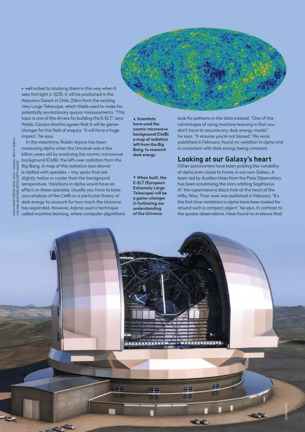  ??  ?? ▲ Scientists have used the cosmic microwave background (CMB), a map of radiation left from the Big Bang, to research dark energy ▼ When built, the E-ELT (European Extremely Large Telescope) will be a game-changer in furthering our understand­ing of the Universe