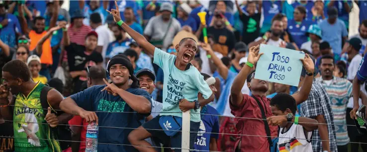  ?? Photo: Leon Lord ?? Fijian Drua’s 16th player, the fans, during their match against the Melbourne Rebels at the HFC Bank Stadium on April 1, 2023. Drua won 38-28.