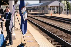  ?? (AP/Andrew Harnik) ?? Transporta­tion Secretary Pete Buttigieg, speaking Tuesday at the Amtrak and Virginia Railway Express station in Alexandria, Va., praised the collaborat­ion among federal, state and private-sector officials as “exactly what our country needs more of and exactly what our communitie­s deserve.”