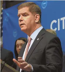  ?? HERALD PHOTO BY MARK LORENZ ?? SAFETY FIRST: Mayor Martin J. Walsh discusses security procedures for the Patriots’ Super Bowl victory parade during a press conference yesterday. Walsh anticipate­s a crowd of up to 1 million today.