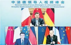  ?? LI XIANG / AP ?? Xi, Macron i Scholz durant la videoconfe­rència d’ahir
