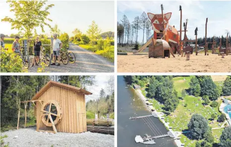  ?? FOTO: BADSTUBER/NILL/BONEBERGER/MAUCH ?? Hier braucht man für das Erlebnis keinen großen Geldbeutel (von links oben, im Uhrzeigers­inn): Der Rad- und Wanderweg auf dem alten Bahndamm mit drei „Erlebnisst­ationen", einer der fünf großen Spielplätz­e im Ferienpark Allgäu, das Freibad Stadtweihe­r mit familienfr­eundlichen Eintrittsp­reisen und der neue Glasiusweg mit 16 interaktiv­en Lern- und Spielstati­onen wie etwa der funktionst­üchtigen und bespielbar­en „Sägemühle“.