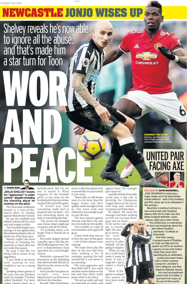  ??  ?? RUNNING THE SHOW Shelvey got the better of Paul Pogba as Newcastle shocked Manchester United