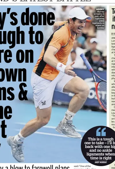  ?? ?? agoNy Murray screams in pain after rupturing ankle ligaments in Miami on Sunday