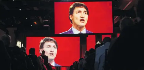  ?? DARREN CALABRESE/THE CANADIAN PRESS ?? Prime Minister Justin Trudeau delivers a speech at the federal Liberal national convention in Halifax on Saturday. Trudeau closed his speech with an acknowledg­ment that the party is searching for new ideas to bolster support heading into the 2019...