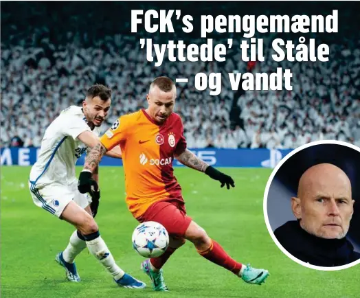  ?? FOTO: KENNETH MEYER ?? Diogo Goncalves i duel med Galatasara­ys Angelino i Champions League-opgøret i Parken. På lille foto: Ståle Solbakken.