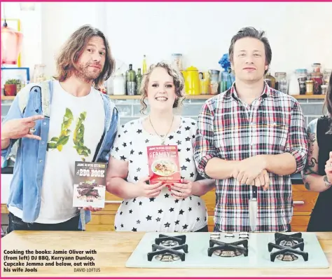  ?? DAVID LOFTUS ?? Cooking the books: Jamie Oliver with (from left) DJ BBQ, Kerryann Dunlop, Cupcake Jemma and below, out with his wife Jools