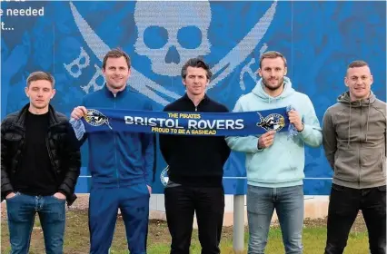  ?? Picture: Bristol Rovers FC ?? Rovers boss Joey Barton with new signings, from left, Sam Finley, Mark Hughes, Nick Anderton and Paul Coutts