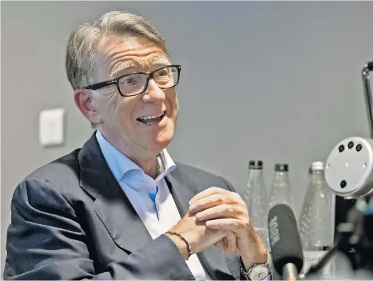  ??  ?? Lord Mandelson talks to Christophe­r Hope for Chopper’s Politics podcast, available today