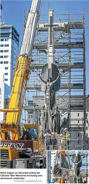  ?? JOHN-KIRK ANDERSON/STUFF ?? Work began on deconstruc­ting the Citizens’ War Memorial bronzing and stonework yesterday.