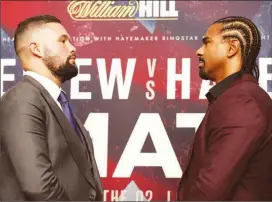  ??  ?? Tony Bellew and David Haye pose after the press conference