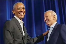  ?? ALEX BRANDON — THE ASSOCIATED PRESS ?? President Joe Biden, right, and former President Barack Obama participat­e in a fundraiser at Radio City Music Hall in New York on Thursday.