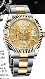  ??  ?? Clockwise from left: Winner of the 1977 and 1981 Masters Tournament­s, Tom Watson; with his 1961 win, South African Gary Player became the first foreign-born player to win a green jacket; Sky-Dweller timepiece in steel and yellow gold, $17,150, and...