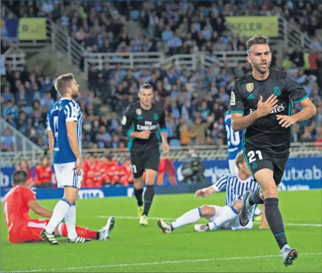  ??  ?? ESTRENO GOLEADOR. Borja Mayoral celebra el tanto que abrió ayer el marcador y puso en ventaja al campeón ante una Real que había ganado todos sus partidos.