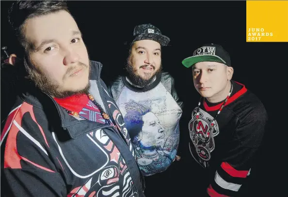  ??  ?? Tim Hill, left, Bear Witness and Ian Campeau of A Tribe Called Red are nominated for three Juno Awards and will perform at Sunday’s awards ceremony in Ottawa.