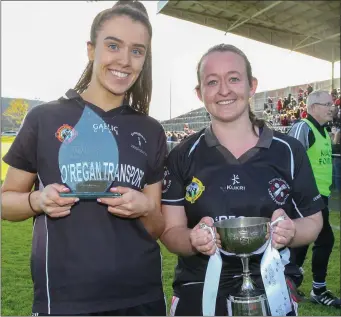  ??  ?? Player of the Match, Aileen Buckley, and Donoughmor­e captain, Eileen Lyons, celebrate after being crowned Munster Club Junior Football Champions with victory over Galtee Rovers St. Pecaun last weekend. Photo by Eric Barry