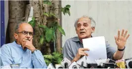  ?? PTI ?? Former union minister Arun Shourie on Rafale deal scam, in New Delhi speaks as lawyer Prashant Bhushan looks on during a press conference