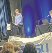 ?? ?? Cillian Fraher giving his speech when running for Education Officer at the ISSU Annual Assembly.
