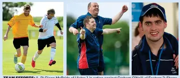  ??  ?? TEAM EFFORTS: (L-R) Glenn McBride of Ulster 1 in action against Graham O’Neill of Eastern 2; Shane O’Neill (front) celebrates his goal with Damien Kirwan of Munster 4; Leinster athlete Neil Boyle