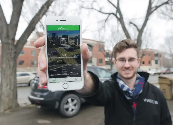  ?? MICHAEL BELL ?? Kyle Smyth, a cofounder of Offstreet, stands in an unused parking spot near the General Hospital. Offstreet is an app that helps people rent their unused parking spaces.