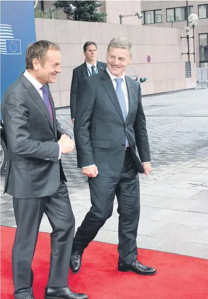  ?? Picture / Claire Trevett ?? Bill English yesterday met with European Council President Donald Tusk in Brussels where both expressed optimism a free trade deal between the EU and New Zealand would proceed.