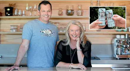  ?? ?? Joiy Wines co-founders Chris Archer and Cath Hopkin. Inset: The company’s canned wines are being exported to the United States after it was approached by Wholefoods, a $16 billion retail chain.