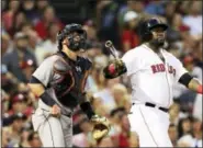  ?? CHARLES KRUPA — THE ASSOCIATED PRESS ?? Boston Red Sox designated hitter David Ortiz watches his three-run home run during the third inning of Boston’s 9-8 loss to the Tigers on Tuesday.