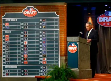  ?? AP Photo/Julio Cortez ?? In this 2016 file photo, Major League BaseballCo­mmissioner Rob Manfred speaks during the MLB draft, in Secaucus, N.J.