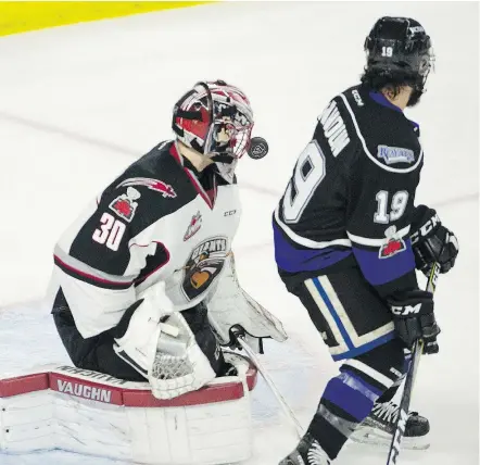  ??  ?? Despite his backup’s first-star effort in Game 1, David Tendeck returned to the Giants crease Tuesday and played a starring role, too, in Vancouver’s 5-1 win over Victoria in Game 3.