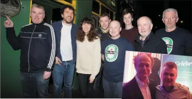  ??  ?? ABOVE: The writing’s on the wall: Davidd Kitt (second left) was on hand on Thursday night to celebrate Mike the Pies Hot Press Live Music Venue of thee Year success with Aiden O’Connor and their pals Margie Lewis, Kieran Lynch, Seamus Browne, James Or, Liam Browne and Paul Doyle. RIGHT: Hot Press editor Niall Stokes presenting Aiden with the prize.