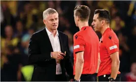  ?? Sport Images/Getty Images ?? An unhappy Ole Gunnar Solskjaer with the referee François Letexier. Photograph: Eurasia