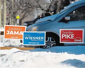  ?? JOHN RENNISON HAMILTON SPECTATOR FILE PHOTO ?? Election signs line Hamilton Centre streets ahead of a provincial byelection.