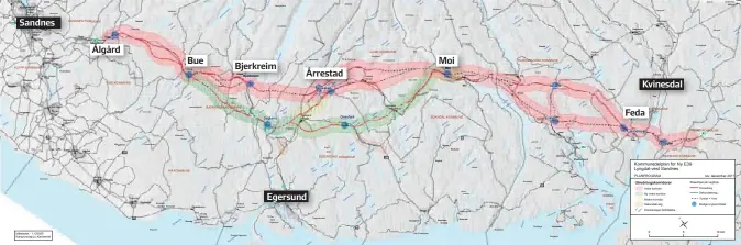  ?? ILLUSTRASJ­ON: KARTVERKET ?? Statens vegvesen anbefaler ikke midtre (gult) og ytre korridor (grønt) i den videre planleggin­gen av E 39 mellom Lyngdal vest og Sandnes.